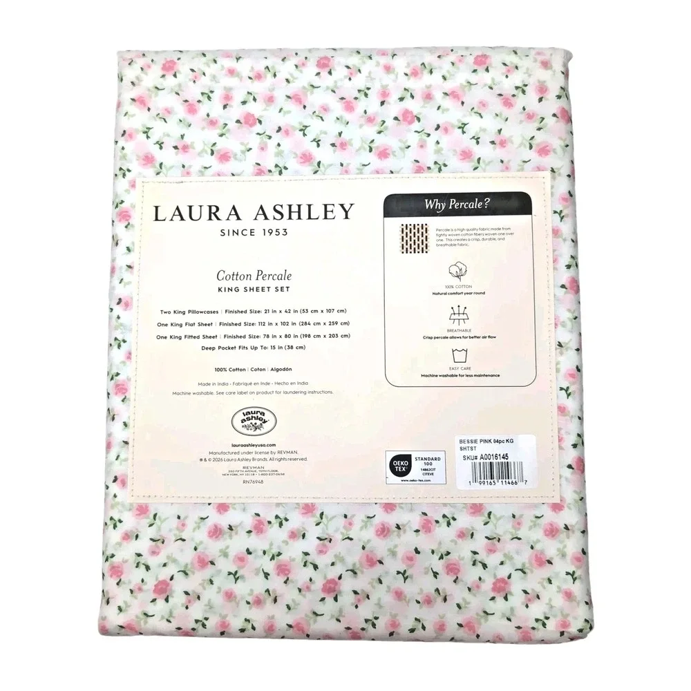 Laura Ashley King Sheet Set Bessie Floral 4pc Cottage Farmhouse Cotton Percale